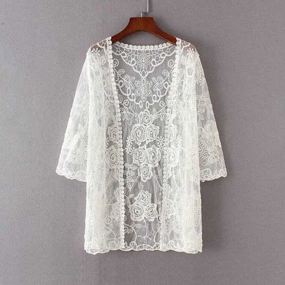 Sweaters - White embroidered lace detail open cardigan